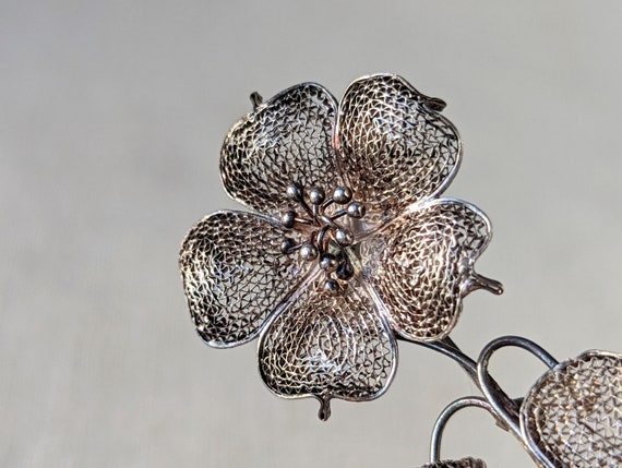 Vintage Filigree Flower Brooch, Sterling Silver F… - image 4