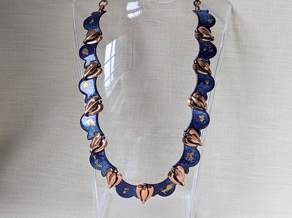Vintage Copper and Blue Enamel Heart Necklace, St… - image 5
