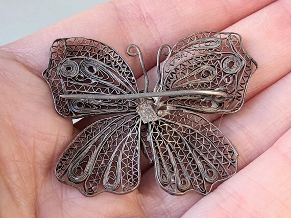 Vintage Sterling Silver Filigree Butterfly Brooch… - image 5