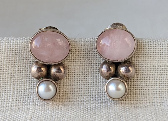 Vintage Sterling Silver Pearl and Rose Quartz Ear… - image 10