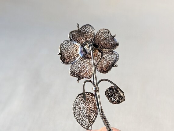 Vintage Filigree Flower Brooch, Sterling Silver F… - image 6