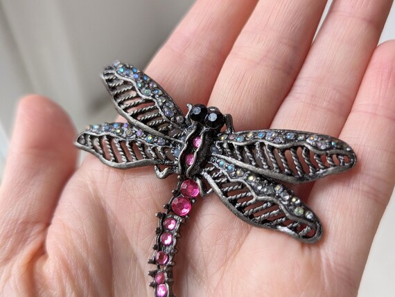 Vintage Dragonfly Brooch with Pink and Iridescent… - image 5