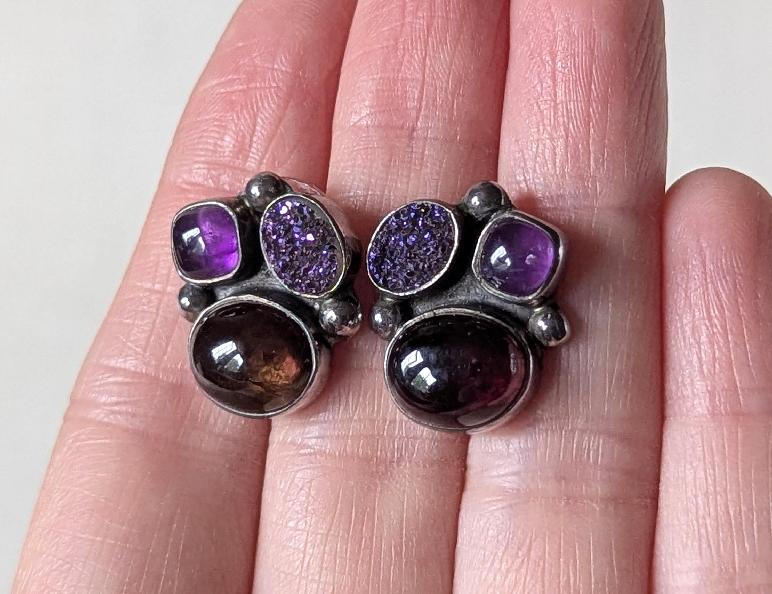 Vintage Sterling Silver Amethyst Druzy Garnet Earrings by Amy Kahn Russell, Purple Gemstone Earrings, Sparkle Druzy Earrings, Garnet Earring