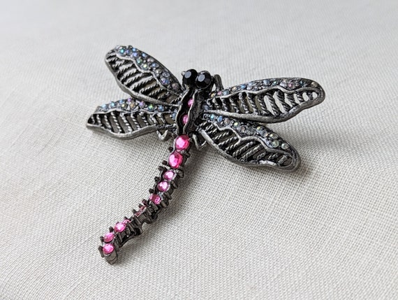 Vintage Dragonfly Brooch with Pink and Iridescent… - image 2