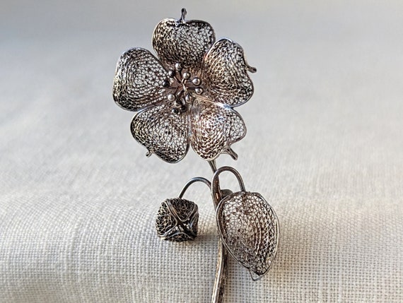 Vintage Filigree Flower Brooch, Sterling Silver F… - image 2