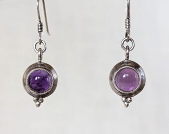Vintage Sterling Silver and Amethyst Dangle Earrings, Circular Geometric Earrings, Minimalist Earrings, Amethyst Cabochon Earrings