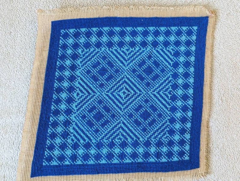 Vintage Blue Geometric Needlepoint Art - 10" x 10" image 1