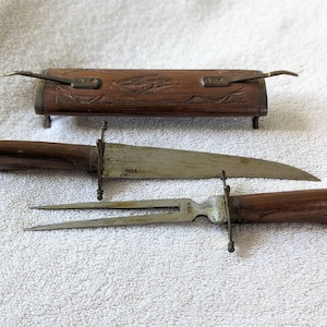 Vintage Indian Brass Carving Knife & Fork Set with Hand-Carved Wooden Sheath