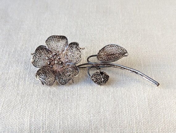 Vintage Filigree Flower Brooch, Sterling Silver F… - image 5