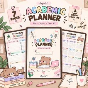 May include: A digital academic planner set featuring a productivity planner, an academic calendar, and a cover page with a brown bear illustration. The text includes Academic Planner, Plan, Study, Grow, 7 Pages, Digital Download, and Hyperlink.