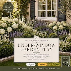 Könnte beinhalten: Ein digitaler Gartenplanungsleitfaden mit dem Titel The European Garden Edit Under-Window Garden Plan, der Text über die Gestaltung eines Gartens mit gestaffelter Bepflanzung vor weißen Hortensien und violettem Lavendel enthält.