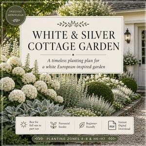 Könnte beinhalten: Ein digitaler Pflanzplan mit dem Titel White & Silver Cottage Garden, Text über einen weiß blühenden Garten nach europäischem Vorbild, Pflanzzonen 4-8 & H6-H7, Sonnenlichtanforderungen und ein PDF-Symbol über einem weißen Blumengarten.
