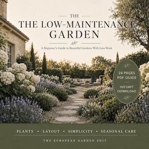 Könnte beinhalten: Ein digitaler Ratgeber mit dem Titel The Low-Maintenance Garden: A Beginner's Guide to Beautiful Gardens With Less Work. Das Cover zeigt einen Steinpfad durch einen Garten mit weißen Blumen und Lavendel. Enthält einen 24-seitigen PDF-Ratgeber.