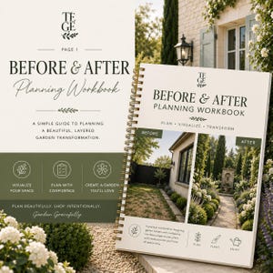 Può includere: Un quaderno di pianificazione Before & After a spirale con copertina bianca che mostra il logo TEGE, testo e due fotografie di una trasformazione del giardino. La copertina include icone per pianificare, piantare e godersi il giardino.