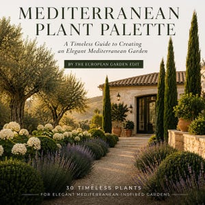 May include: A book cover titled MEDITERRANEAN PLANT PALETTE, A Timeless Guide to Creating an Elegant Mediterranean Garden by The European Garden Edit. The image shows a gravel path leading to a stone house with cypress trees and white flowers.