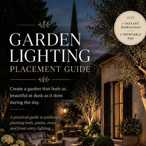 May include: A digital guide titled GARDEN LIGHTING PLACEMENT GUIDE with text about pathways, planting beds, patios, trees, and front-entry lighting. The image shows a stone walkway illuminated by small landscape lights at dusk near a house.
