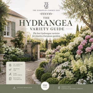 Può includere: Una guida digitale intitolata The Hydrangea Variety Guide con testo sulle varietà da giardino europee. L'immagine mostra una casa in pietra e un giardino con ortensie bianche, rosa e verdi, oltre a icone per consigli di crescita e cura.