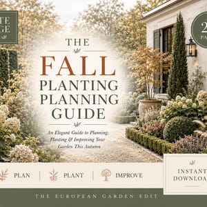 May include: A digital guide titled The Fall Planting Planning Guide with 24 pages. The cover features a garden path, hydrangeas, and trees. Text includes Plan, Plant, Improve, and Instant Download. The color palette is cream, green, and brown.