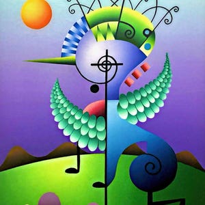 Puede incluir: Una pintura colorida que presenta una criatura estilizada similar a un pájaro con degradados en azul, verde y morado. La figura tiene un pico largo y puntiagudo, alas emplumadas y una cresta de líneas negras. Un sol naranja brillante en el cielo.