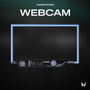 May include: A rectangular monitor frame with a blue light border and a bottom section displaying internal computer components, including a fan, RAM sticks, and a circular gauge labeled 40.0". The text GAMING ROOM WEBCAM appears above the frame.