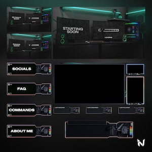 Puede incluir: Un conjunto de superposiciones para streaming digital con paneles oscuros y elegantes con detalles en verde neón. Incluye pantallas para Starting Soon, Be Right Back y Ending Soon, además de elementos modulares para Socials, FAQ, Commands, About Me.