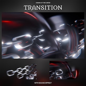 Pode incluir: Um gráfico digital com correntes metálicas, desfoque de movimento e luzes vermelhas. O texto diz CHAINS OF THE ABYSS, TRANSITION e WITH SOUND EFFECT. A composição inclui uma vista central grande e dois painéis menores mostrando elos de corrente.
