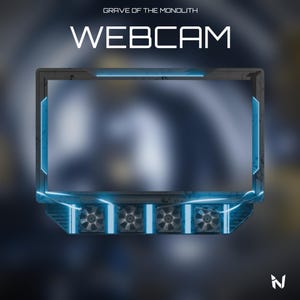 Puede incluir: Un marco digital rectangular para cámara web con una textura metálica oscura y detalles de luz azul brillante. El diseño incluye cuatro ventilaciones circulares tipo ventilador en la parte inferior y el texto GRAVE OF THE MONOLITH WEBCAM arriba.
