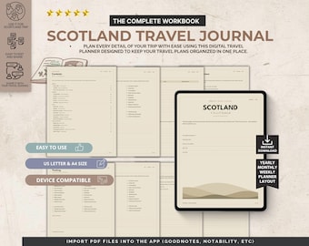 May include: A digital Scotland travel journal workbook displayed on a tablet screen alongside multiple printed page layouts. The pages feature beige backgrounds with dark text, including a contents list, packing checklists, and a travel planner.