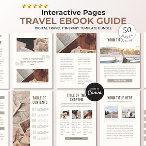 May include: A digital travel ebook guide template bundle featuring 50 pages of interactive layouts. The design includes sections for titles, table of contents, and travel photography placeholders with text blocks, all styled in a neutral color palette.