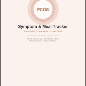 Puede incluir: Un documento de seguimiento de síntomas y comidas para SOP en color rosa claro con un gráfico circular, el título "Symptom & Meal Tracker", el subtítulo "A gentle daily companion for hormone health" y secciones para registros y notas.