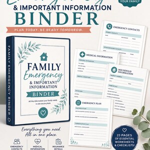 Può includere: Un raccoglitore blu scuro intitolato Family Emergency & Important Information Binder con pagine bianche contenenti sezioni per contatti di emergenza, informazioni mediche, dettagli domestici e piani di emergenza, inclusi 23 fogli di lavoro.