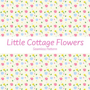 Pode incluir: Um padrão contínuo com pequenas flores cor-de-rosa, amarelas e azul-claras com folhas verdes sobre um fundo creme. O texto Little Cottage Flowers Seamless Pattern está centrado horizontalmente no meio da imagem com uma fonte rosa.