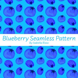 Pode incluir: Um padrão contínuo com mirtilos azuis repetidos sobre um fundo ciano brilhante com uma faixa horizontal branca no centro contendo o texto Blueberry Seamless Pattern By Isabella Risso em uma fonte sem serifa azul clara.