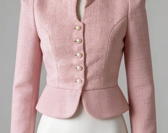 Pink Tweed Jacket, Pearl Button Blazer, Stand Collar Puff Sleeve Coat