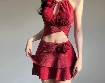 Korean Style 2-Piece Bikini Set: Glitter Halter Top, Ruffle Skirt