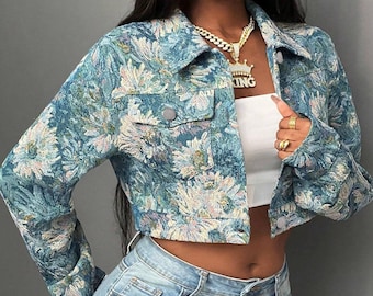 Women's Blue Floral Print Cropped Jacket