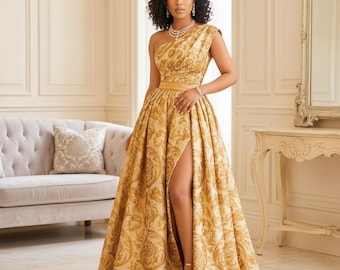 Gold One-Shoulder Prom Dress | Elegant High-Slit Formal Gown