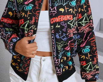 Colorful Neon Graffiti Print Women's Bomber Jacket
