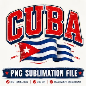 Puede incluir: Un diseño gráfico digital que presenta la palabra CUBA en grandes letras de bloque rojas desgastadas con contornos azul oscuro. Debajo del texto hay una bandera cubana ondeando con una estrella blanca sobre un triángulo rojo y rayas azules y blancas.