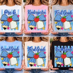 Preppy Back to School PNG Bundle, Pencil Bow PNG, Blue Gingham School PNG, Pre-K to Fourth Grade, Teacher Apple, First Day of School