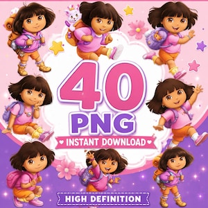 May include: A digital collection of 40 PNG files featuring the character Dora in various poses, wearing a pink shirt, orange shorts, and a backpack. The image includes the text 40 PNG, INSTANT DOWNLOAD, and HIGH DEFINITION on a purple background.