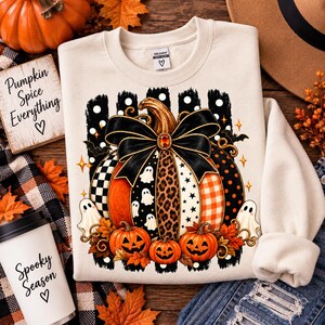 Spooky Halloween Pumpkin PNG, Leopard Pumpkin with Bow, Cute Ghost PNG, Patchwork Halloween Sublimation, Fall Shirt Design