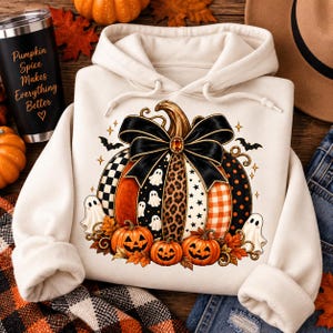 Halloween Pumpkin PNG, Leopard Print Pumpkin PNG, Spooky Ghost Pumpkin, Coquette Bow Halloween, Patchwork Pumpkin Sublimation