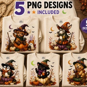 Puede incluir: Cinco sudaderas de color crema con estampados gráficos de Halloween de una vaca highland, un burro, un pingüino, un gato negro y un golden retriever, cada uno con un sombrero de bruja y una taza, rodeados de fantasmas y calabazas.