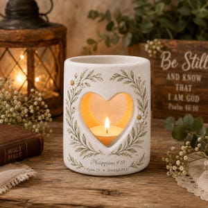 Peut inclure: Un bougeoir cylindrique en pierre avec une découpe en forme de cœur, orné de marguerites blanches et de feuillage vert. Le texte Philippians 4:13, Psalm 23 et Jeremiah 29:11 est imprimé sur le devant. Une bougie chauffe-plat allumée brille à l'intérieur.