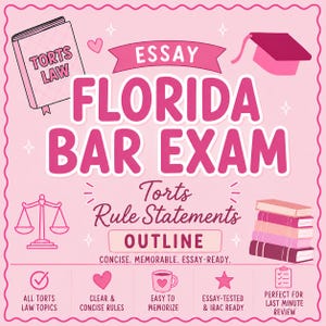 May include: A pink educational graphic for the Florida Bar Exam featuring the text Torts Law, Essay Florida Bar Exam, Torts Rule Statements, and Outline. Includes illustrations of a book, graduation cap, scales of justice, and a stack of books.