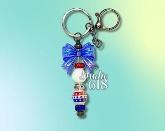 Patriotic Beaded Keychain with Blue Bow
