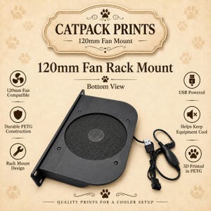 Puede incluir: Un soporte de ventilador de 120 mm negro con un centro de malla circular y un cable de alimentaci&oacute;n USB adjunto. El producto est&aacute; etiquetado como Catpack Prints 120mm Fan Rack Mount e incluye iconos que indican alimentaci&oacute;n USB y dise&ntilde;o.