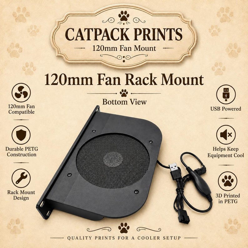 Puede incluir: Un soporte de ventilador de 120 mm negro con un centro de malla circular y un cable de alimentaci&oacute;n USB adjunto. El producto est&aacute; etiquetado como Catpack Prints 120mm Fan Rack Mount e incluye iconos que indican alimentaci&oacute;n USB y dise&ntilde;o.