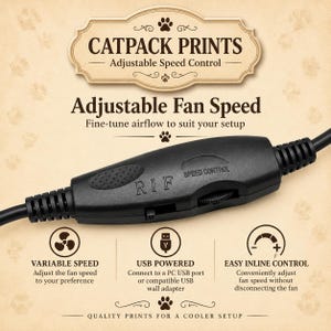 Puede incluir: Un controlador de velocidad de ventilador en l&iacute;nea negro con una rueda de pulgar texturizada y el texto RIF y SPEED CONTROL. El dispositivo tiene un cable en cada extremo y se presenta con texto que detalla la velocidad variable y el control.